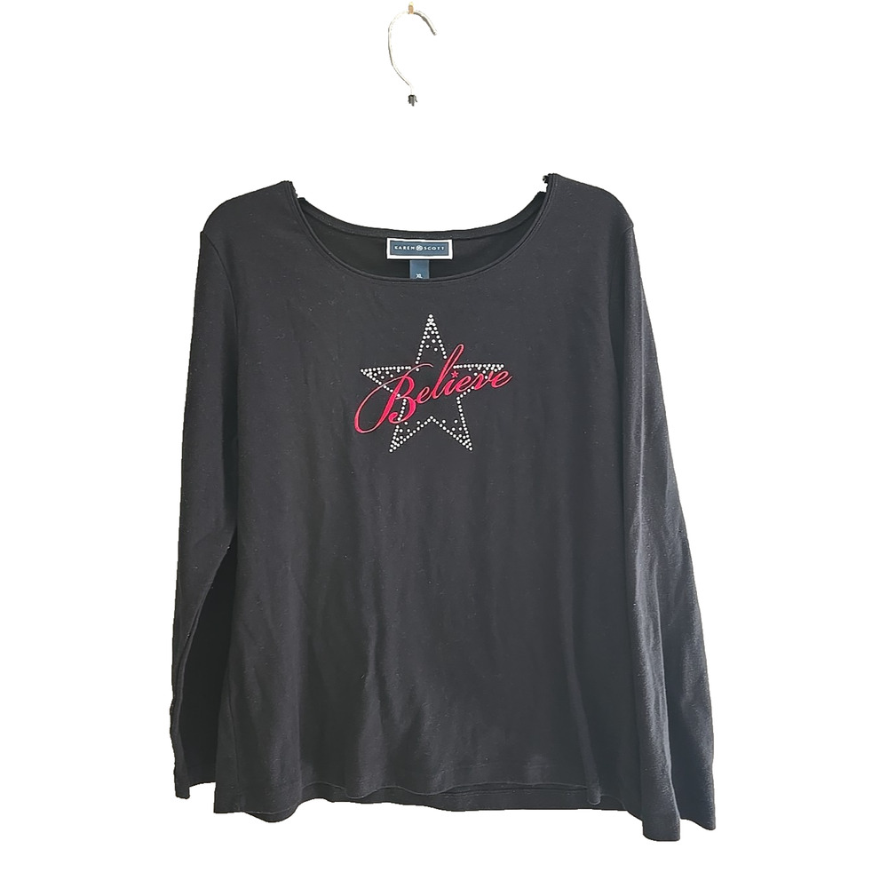 Karen Scott Black Believe Studded Crew Neck Long Sleeve Top Womans Size‎ XL